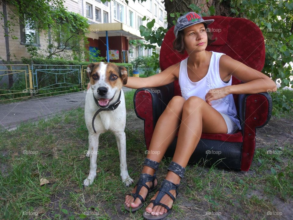 Funny dog with brunette girl 