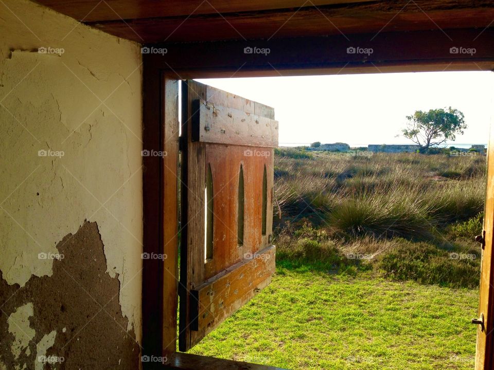 South African countryside . Gazing out the window of an old barn, abandoned somewhere in the South African countryside 