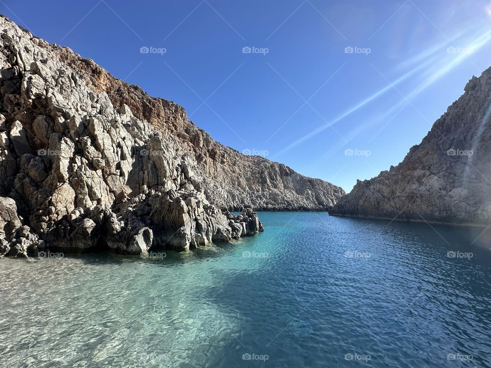 Morning sun shines on Seitan Limania beach, Crete, Greece