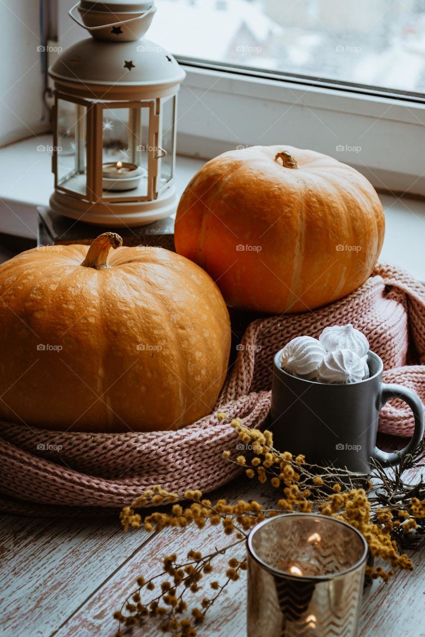 Autumn season beautiful composition of pumpkins, sweets and lantern on the window