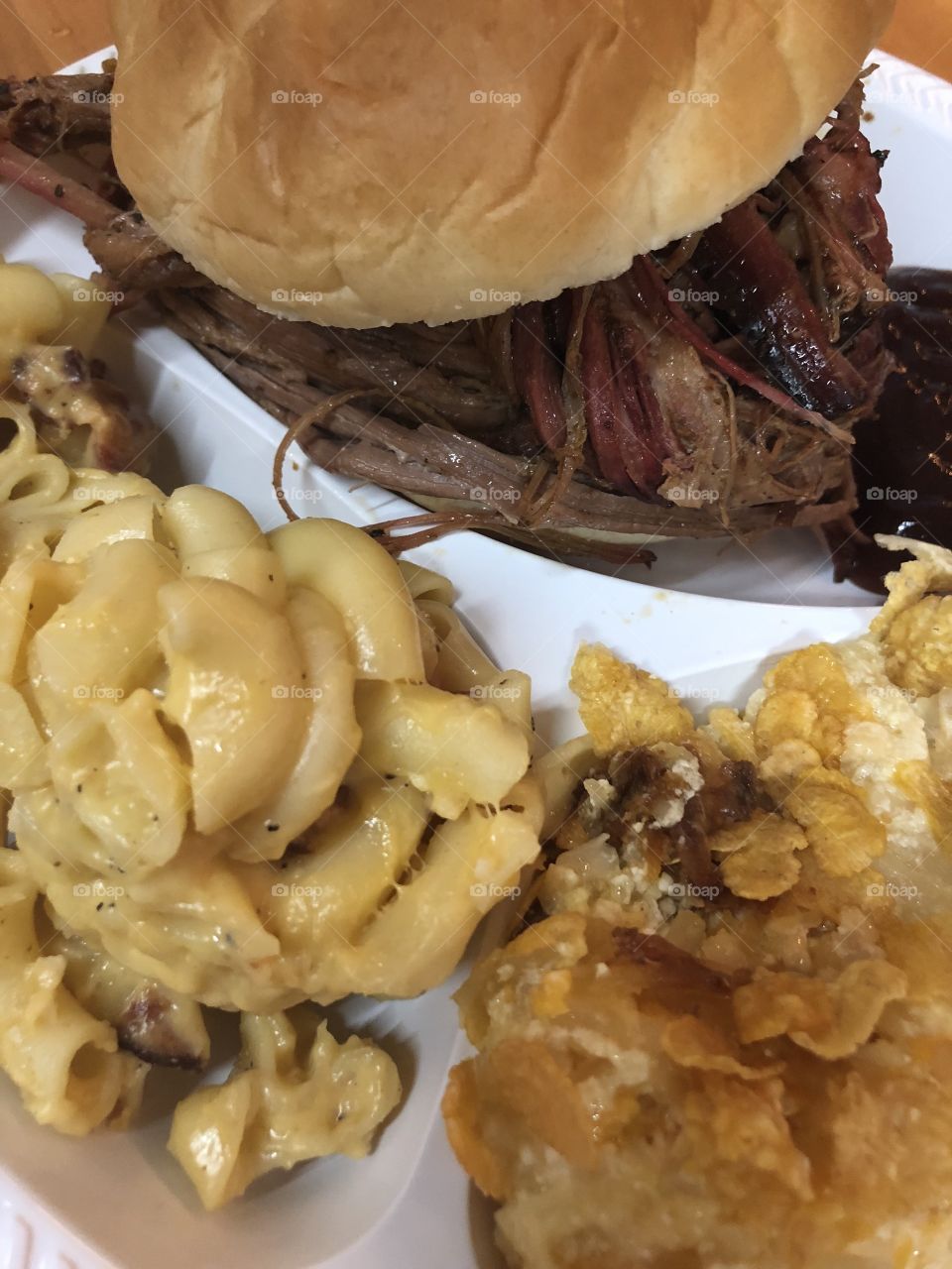 BBQ sandwich, Mac & Cheese, Warm Potatoes