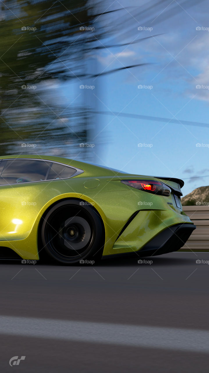 Yellow wide body kit Race modified Mazda 6 ( Atenza ) skyactive going fast on countryside road in the morning 