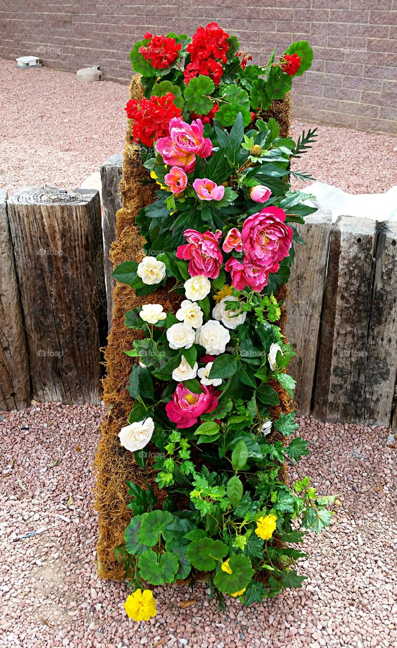 Planter box of flowers . Upended Planter box of flowers.