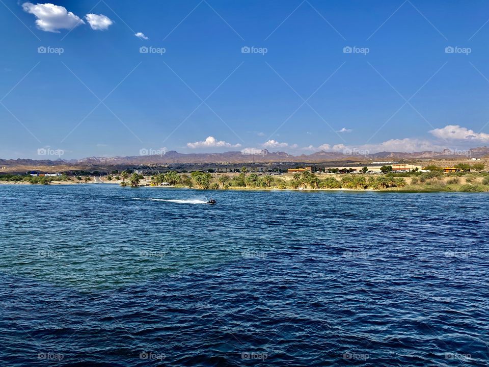 View of the Colorado River from the Laughlin Boardwalk in Laughlin Nevada 
