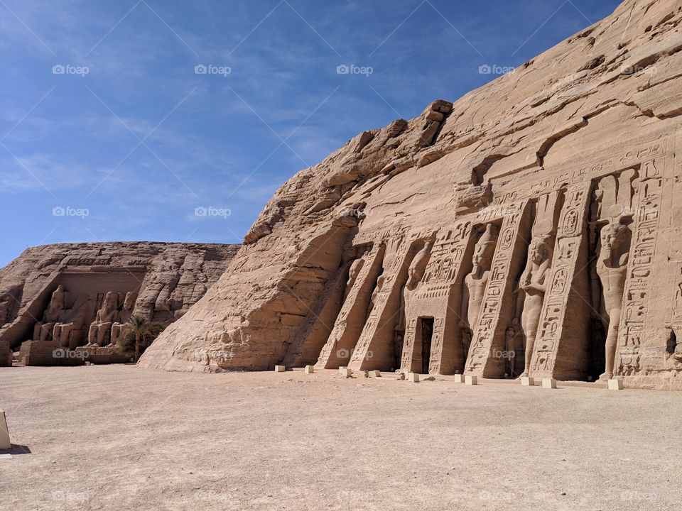 The Colossal statues guarding the Temple of Abu Simbel across the entire temple complex