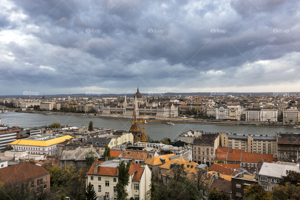 View on the Danube and the parliament from the fisherman's bastion, Budapest, Hungary.