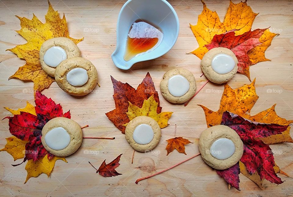 Homemade maple thumbprint cookies.