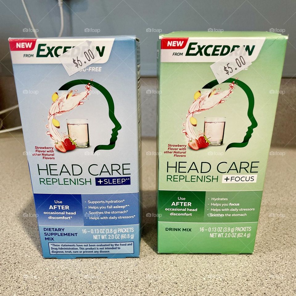 Excedrin Head Care medicine, medicine packets for headaches, medicine products 