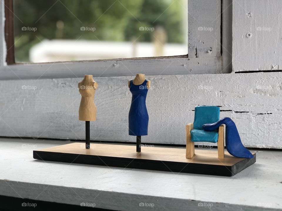 Blue dress tryptic - wood art