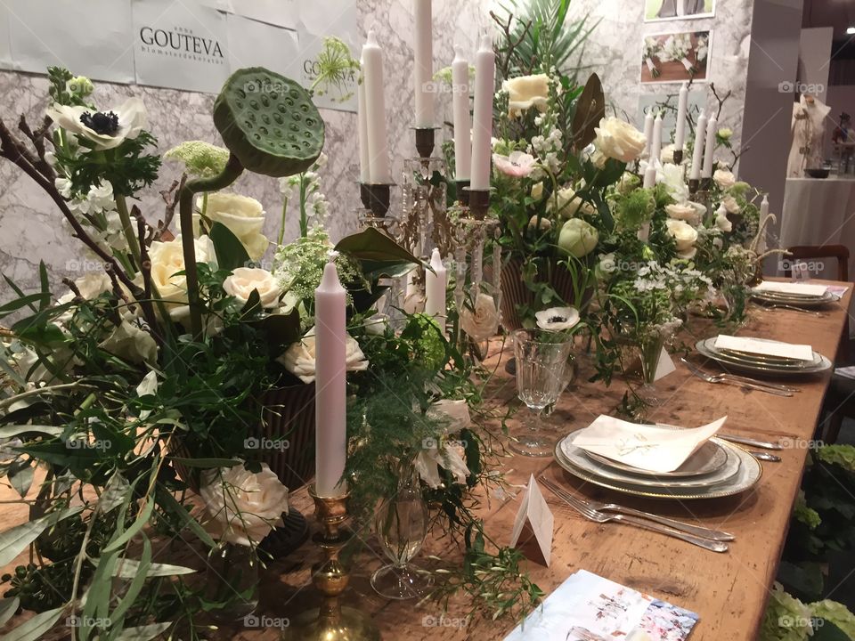 Flowers on display at a wedding fair.