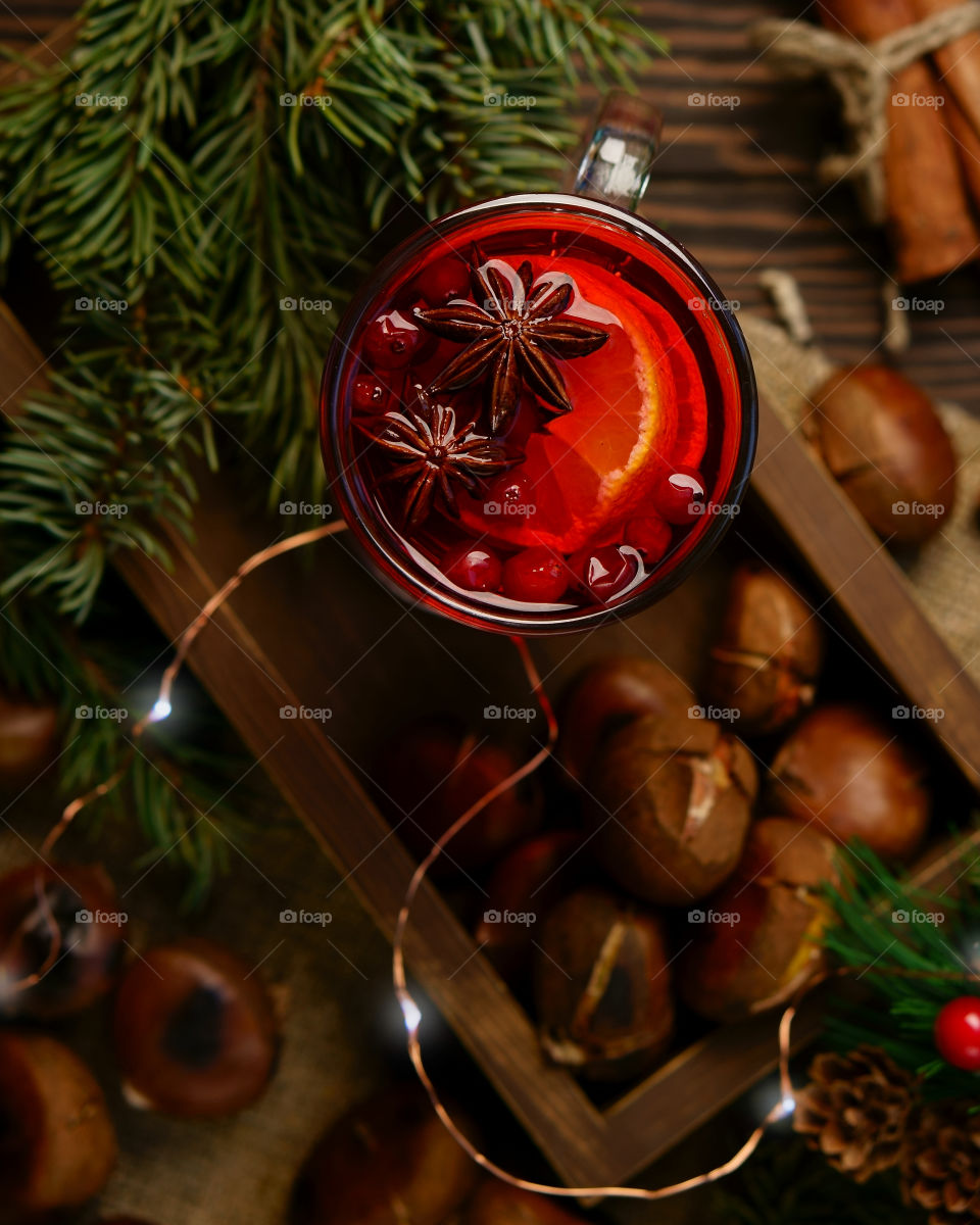 mulled wine and chestnuts, Christmas decoration.