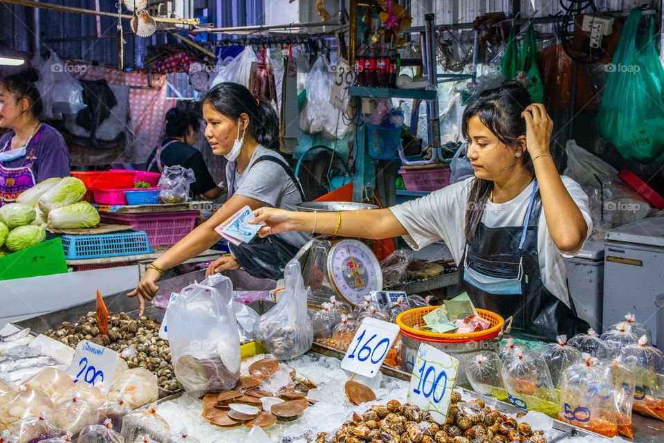 fresh caught Seafood for Sale at a Thai Street Fish Market in Thailand Southeast Asia