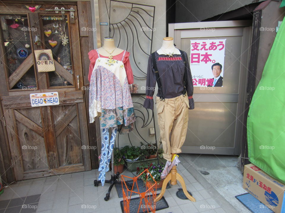 Casual Women's Clothing Display, Outdoors in Nakameguro, Tokyo, Japan. Shabby Chic Style.