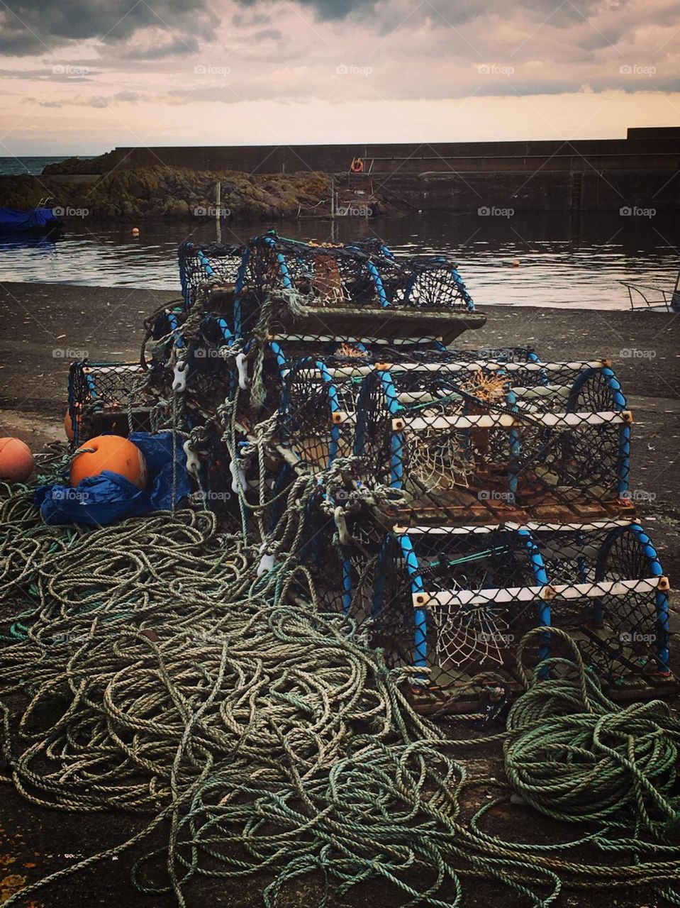 Lobster nets and ropes in a small fishing village 