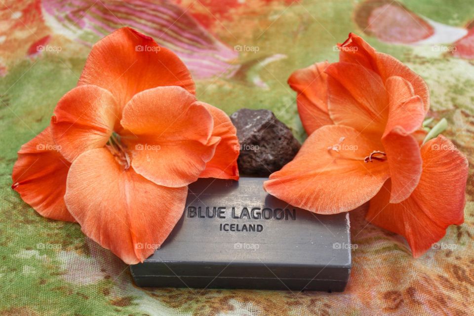 Blue Lagoon lava soap from Iceland with gladiolus flower and lava stone