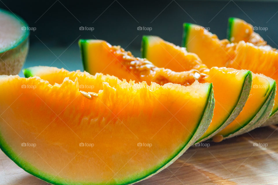 Close-up of slices of cantaloupe