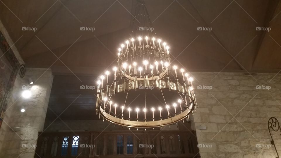 church lights. hanging in only church.
