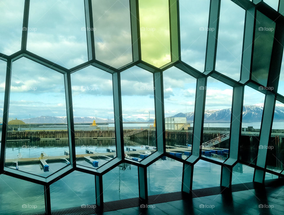 Looking out the windows of the Harpa in Reykjavik  