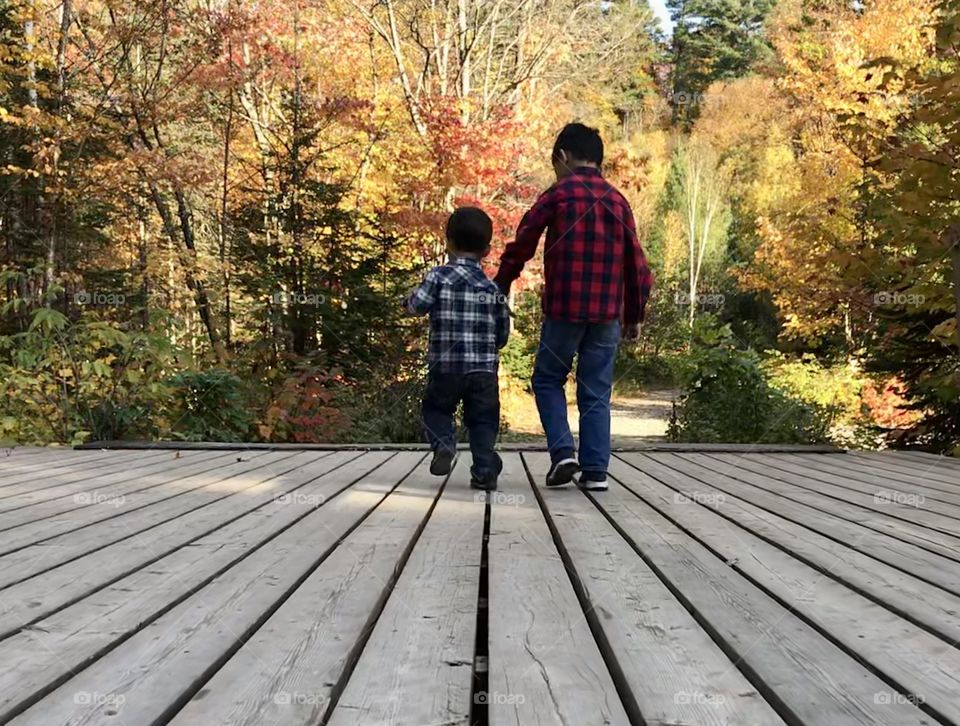 Two brothers walking down a wooden path in the country