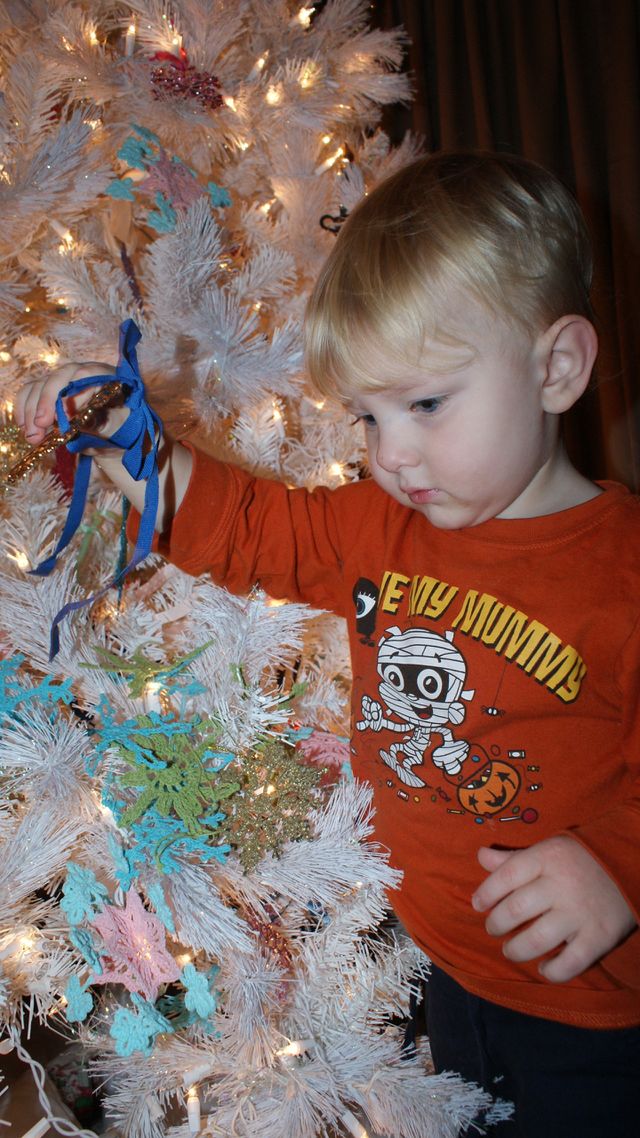 Decorating the tree with mason hanging ornaments 