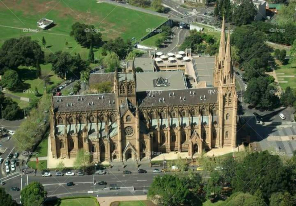 A view of a cathedral from above.
