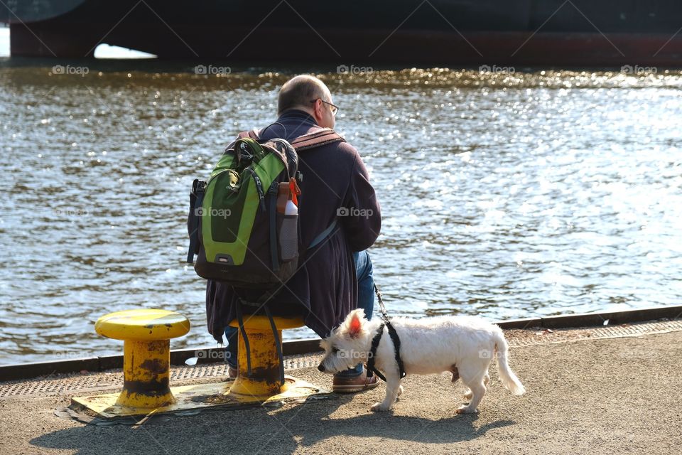 a man with a dog sits on the edge of the dock of the river Elbe and waits for the ferry