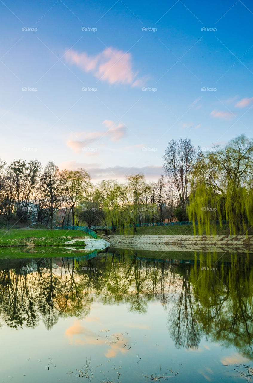 city park with lake in the spring season