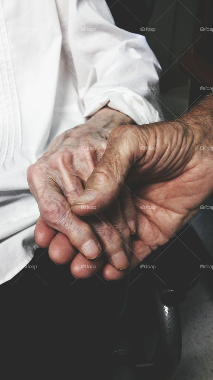 The hands of a 94 year old man, who drives 1 hour every day to be with his 92 year old wife who suffers with Alzheimers.