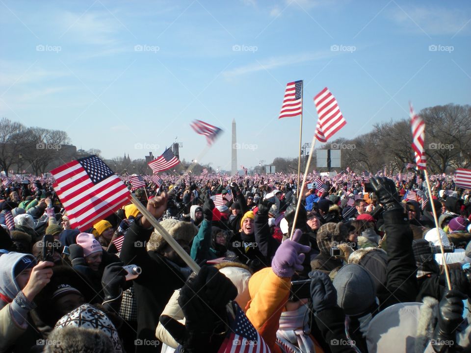 People celebrating during the inauguration of President Obama in January of 2009