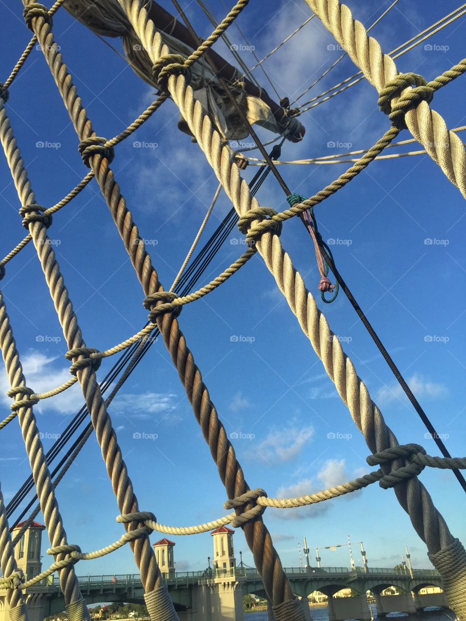 Sail away. A rope ladder on a ship