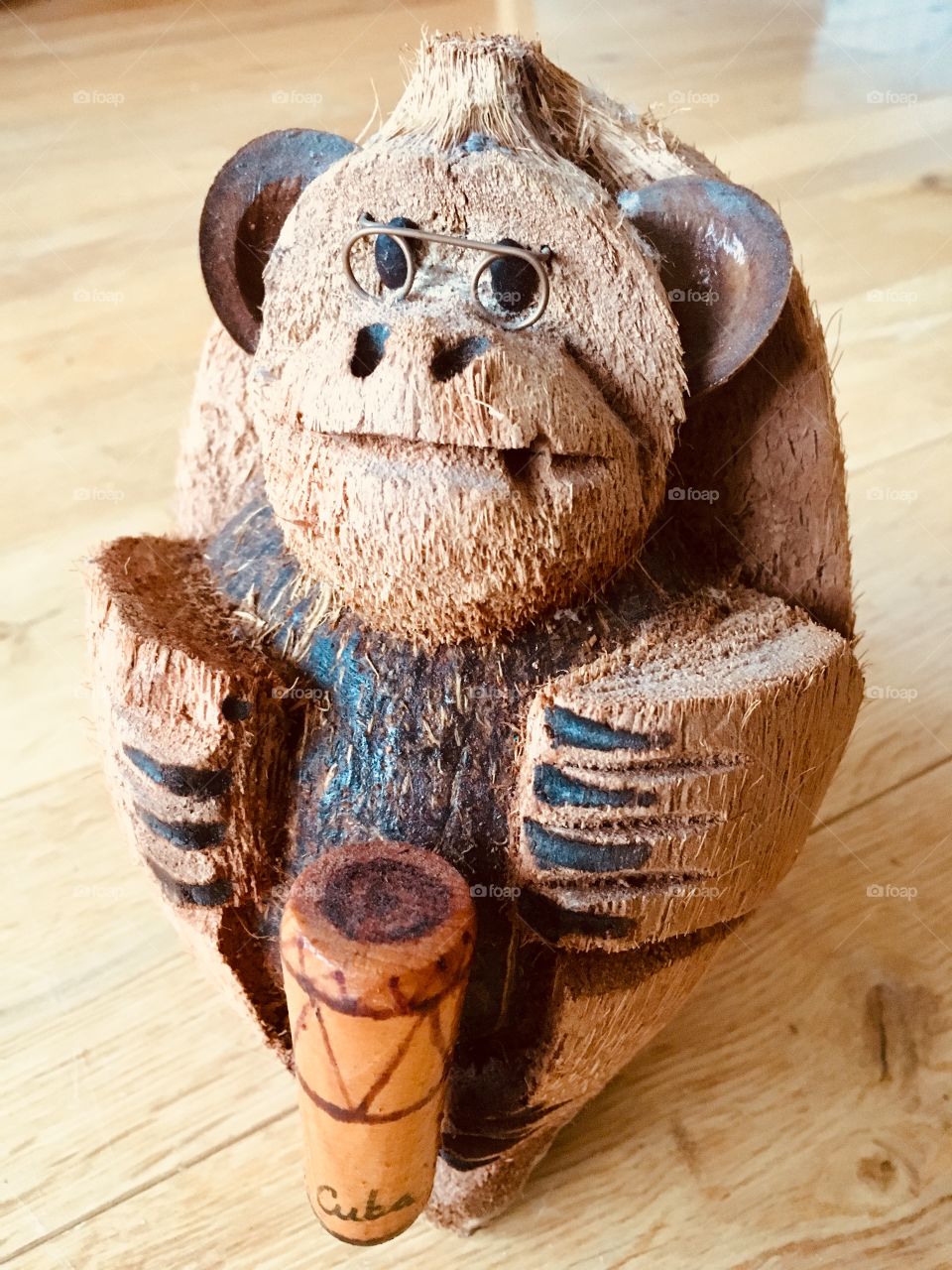 Old Cuban Carved Coconut Monkey with Drum wearing Glasses