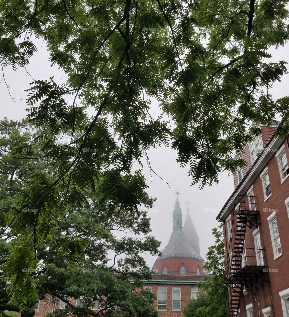 steeples and fog