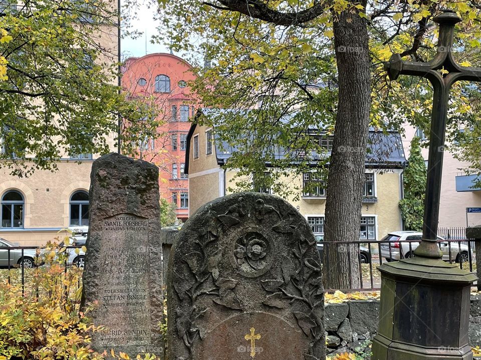 Gravestones at a cemetery.