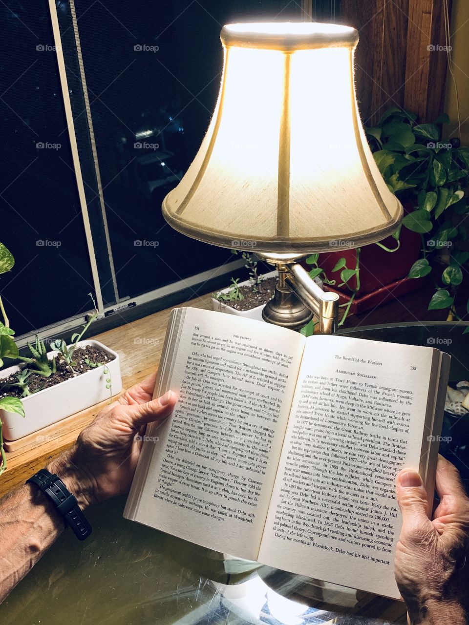 A man holding a book reading using a night lamp near the window with succulents in a white planter. 
