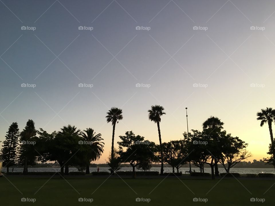 The view of sunset from Langley Park near the Swan River.