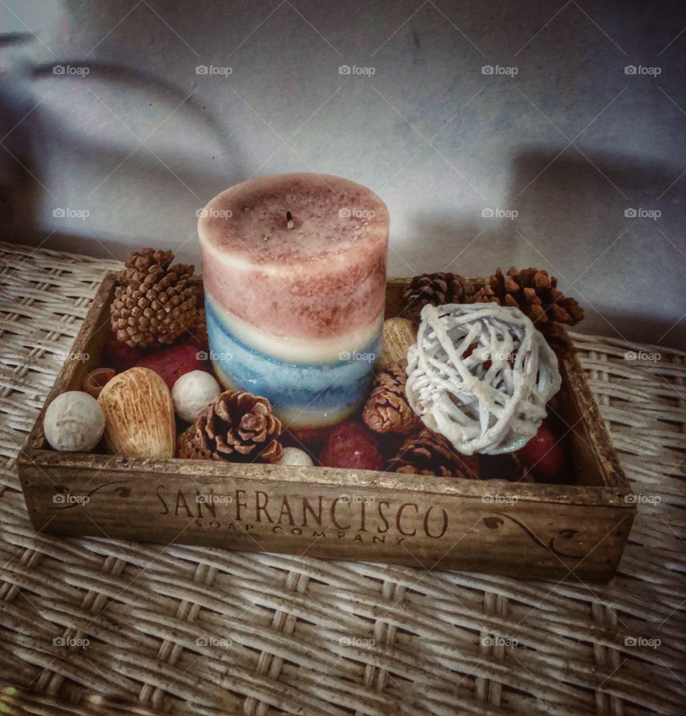 Candle grouping vintage wood box & potpourri 