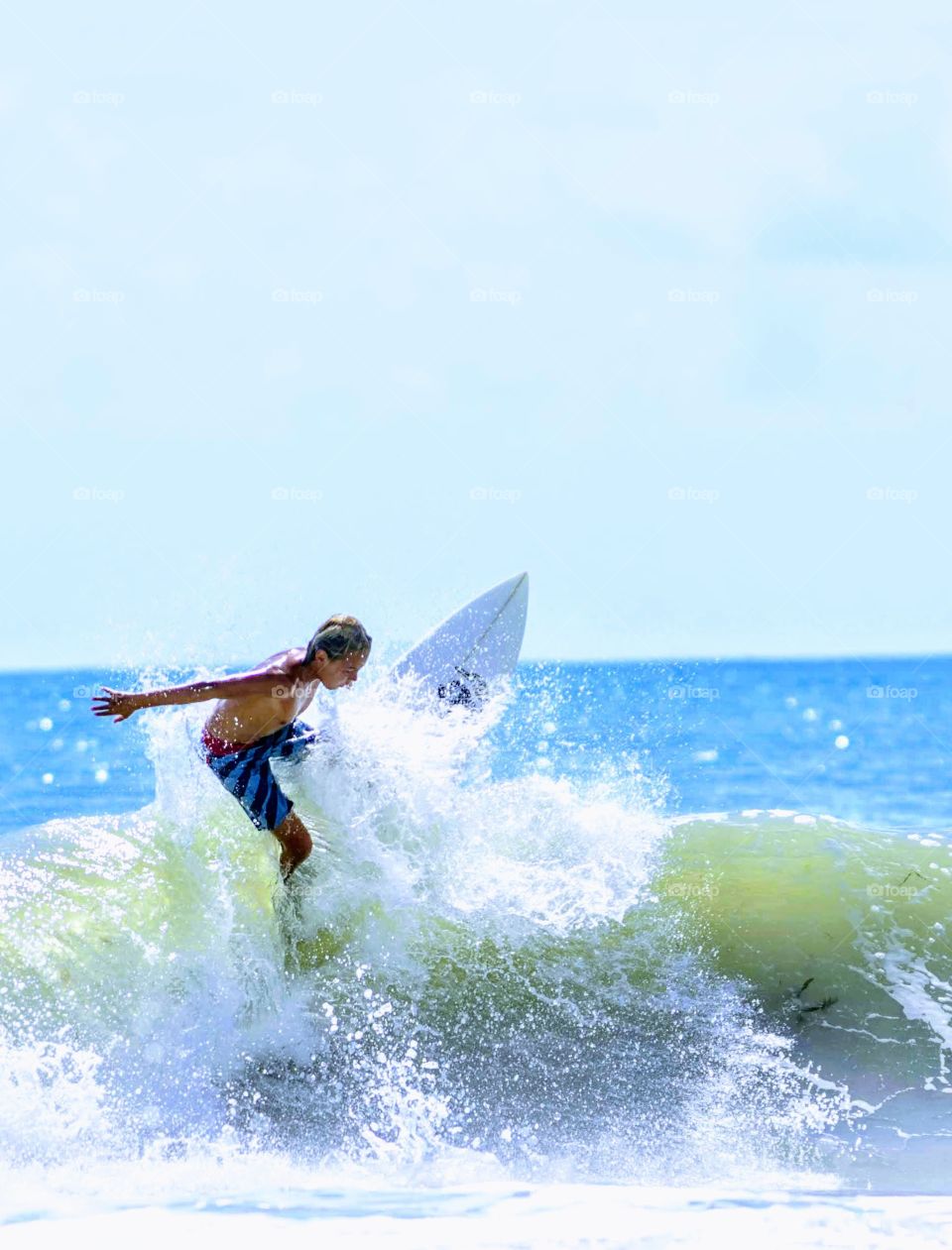Surfer Top of Wave Turn Hang Ten Blue Ocean Sea Spray 