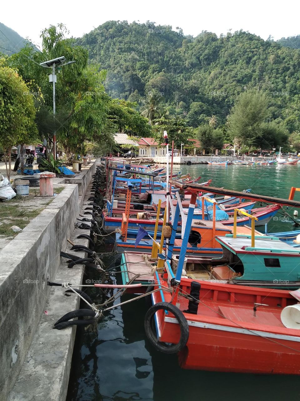 View of ships docked on the beach of Aceh, Indonesia.
