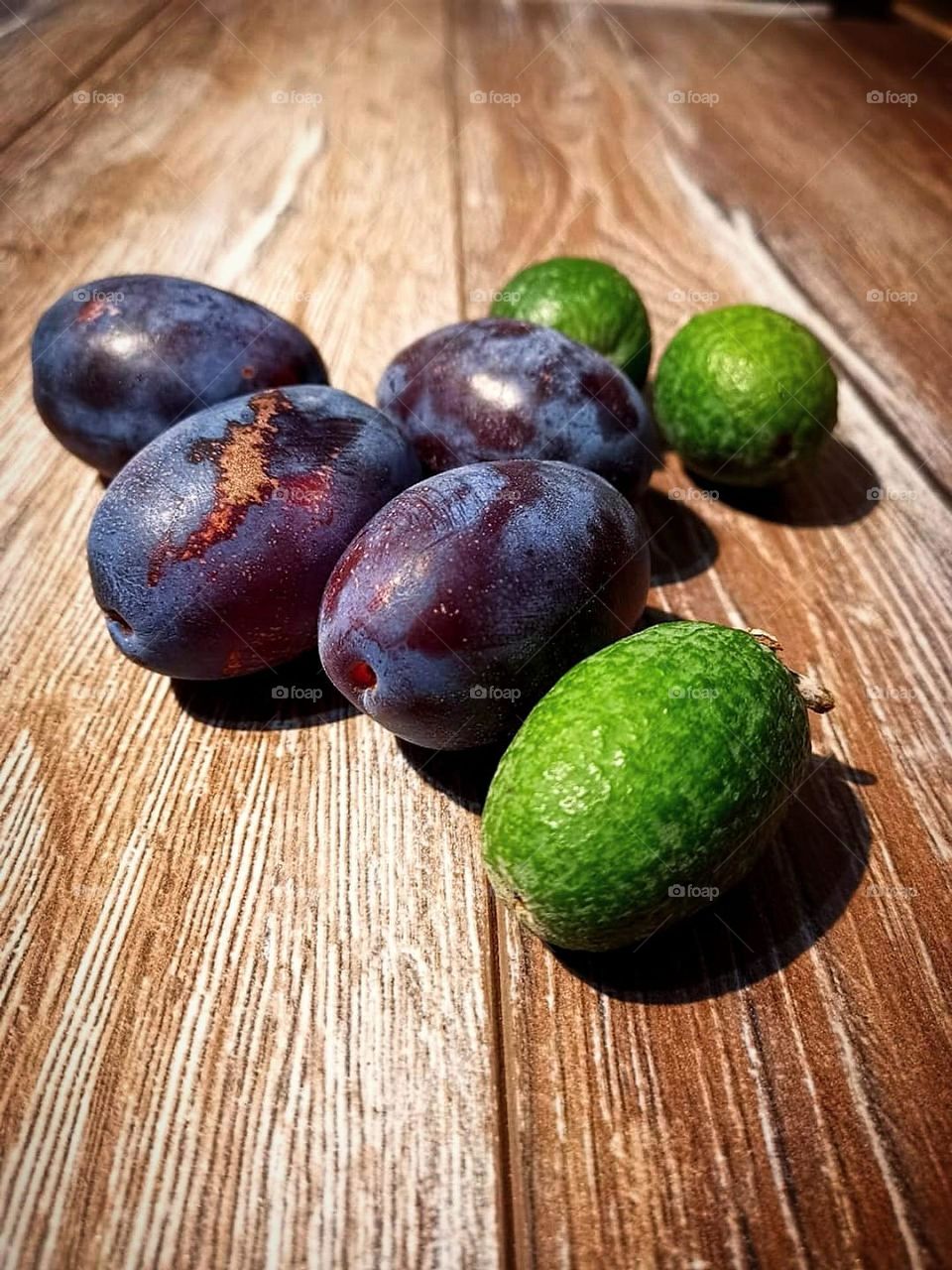 Fruit.  Purple Plum and Green Feijoa