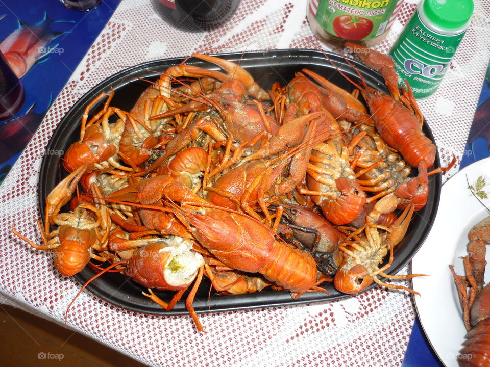 Many boiled crayfish on the table