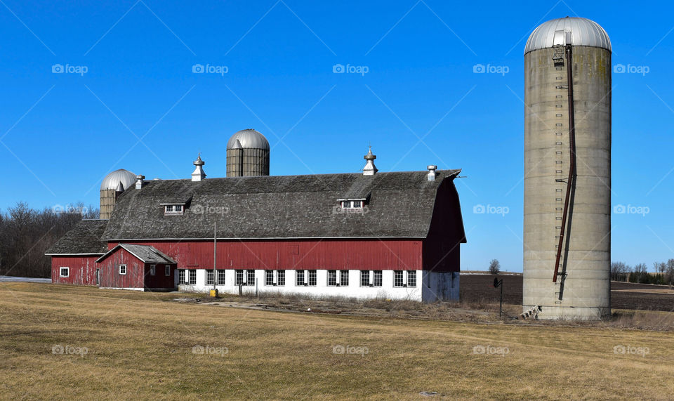 Red barn on sunny spring day