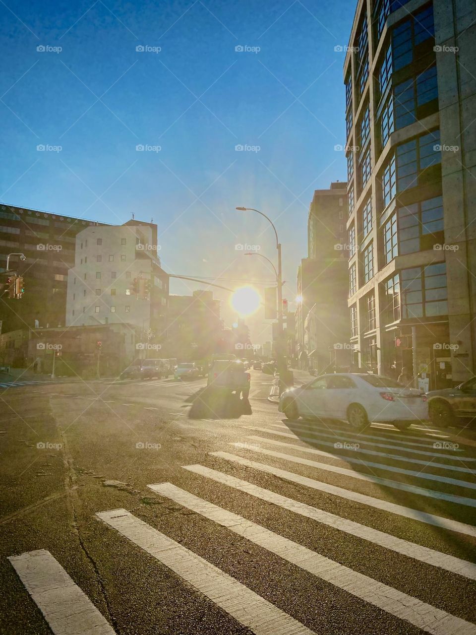 The corner of „Vernon Jackson“ & „Borden Aves“ is often aglow with bright solar energy during the „golden hour“ of sunset on a late afternoon to early evening which is also the time this photo was taken. 2022. Hypnotic Productions