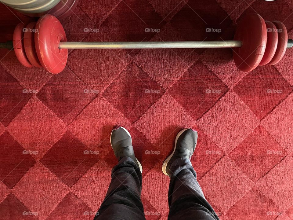 Weight lifters point of view, lifting weights, women lifting weights, working out at home, perspective of person working out