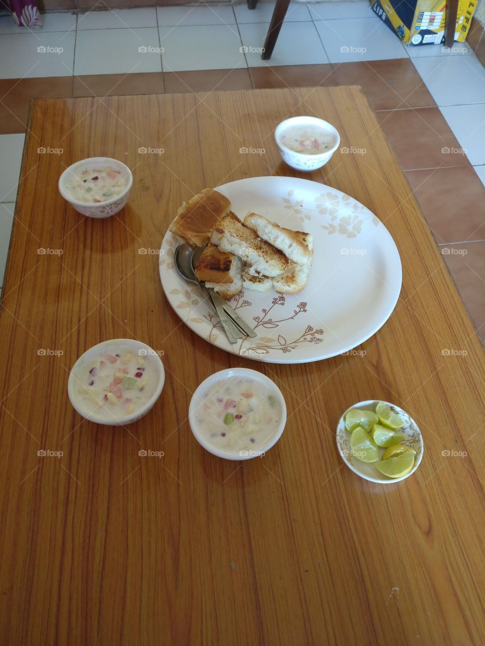 home made pav bhaji with fruit cream