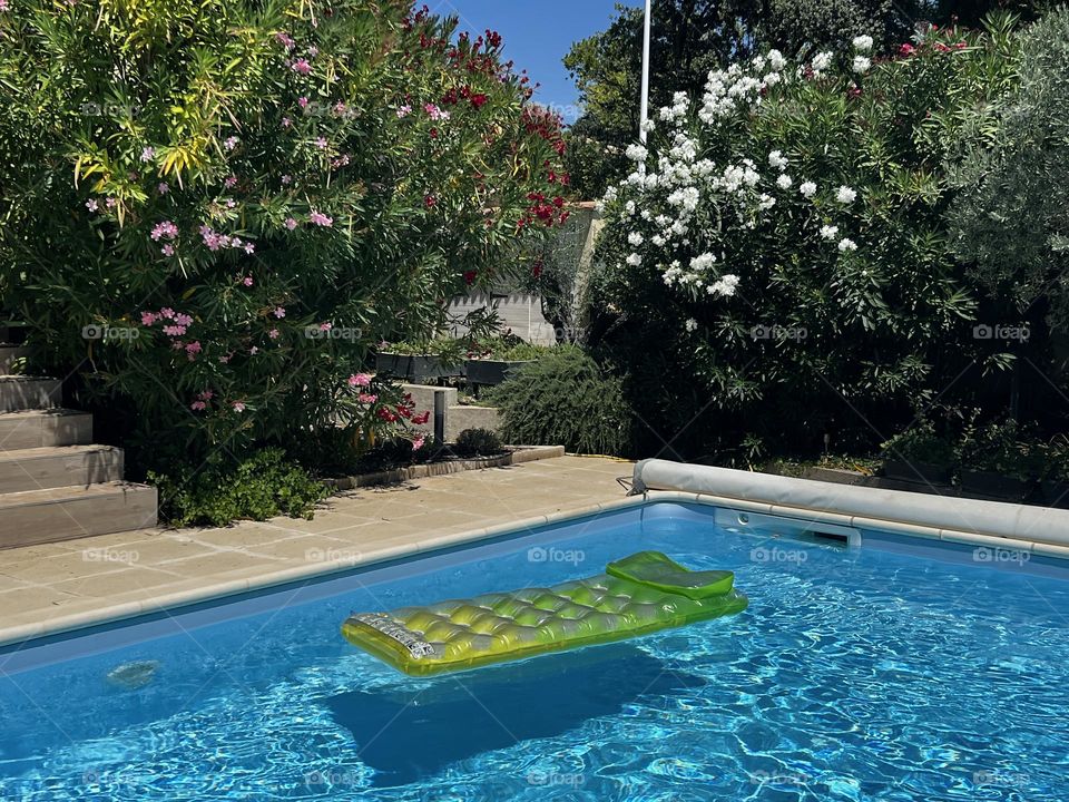 Inflatable mat in transparent pool with flower background 