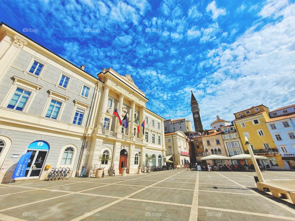 Piran, Slovenia. Europe. Summer vacation.  Ancient and modern architecture. Adriatic seaside.