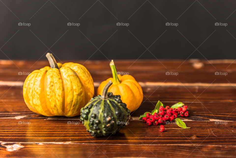 pumpkins, leaves and rowan on an old, rustic table