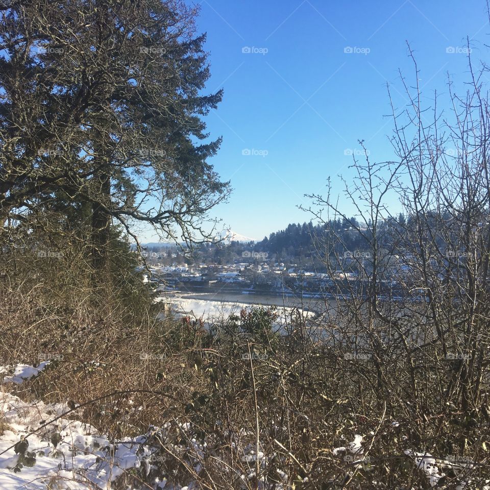 Beautiful willamette falls and Oregon City with Views of Mt. Hood on i205 in Portland, OR 