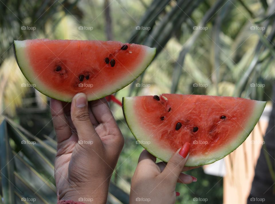 Persons holding watermelon slice