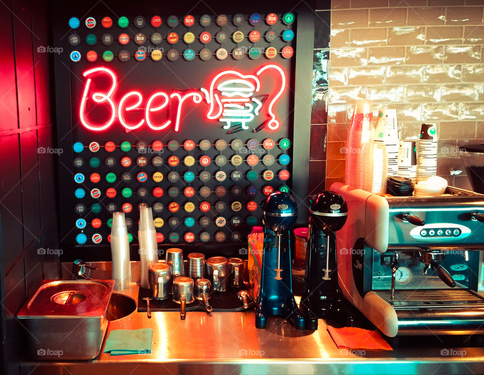 Beer Text Sign Neon Light In A Bar Coffee Restaurant
